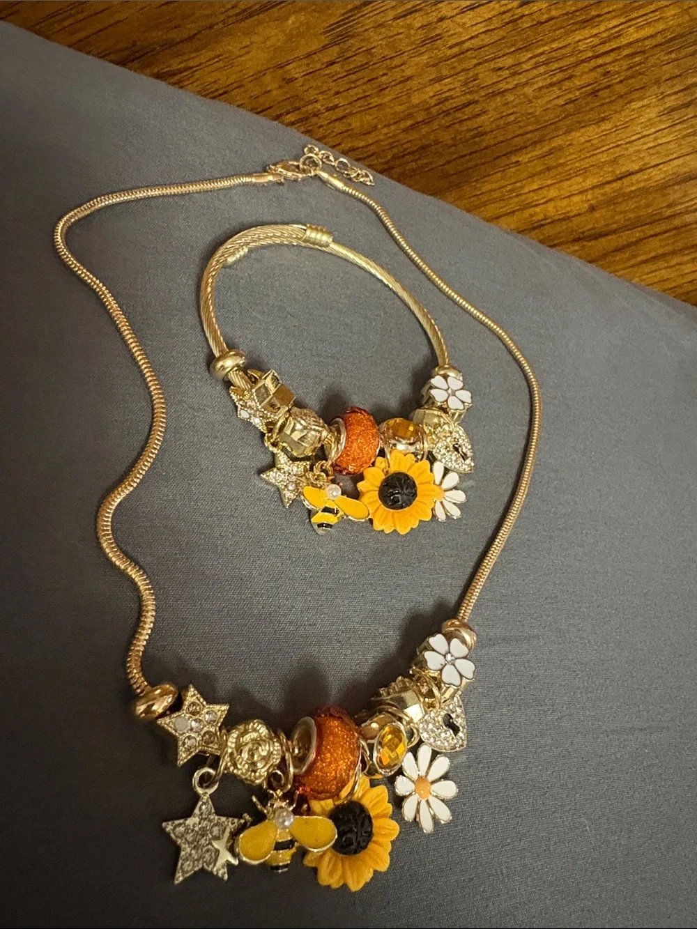 Gold-Tone Sunflower Charm Necklace and Bracelet Set - Yellow